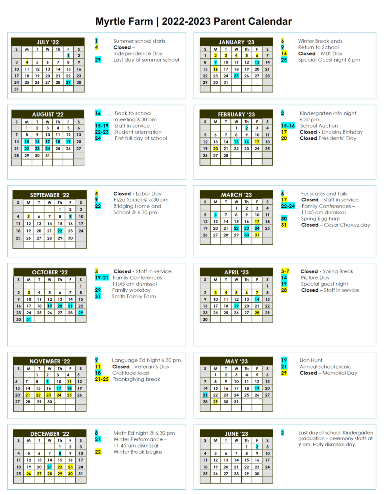 Calendar | Myrtle Farm Montessori School